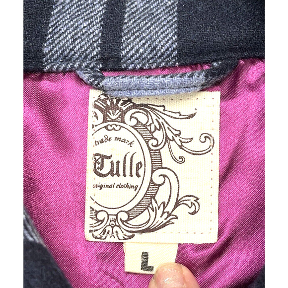 Anthropologie Tulle Coat Blue & Black Plaid SZ L Wool Blend Belted Jacket Lined - Picture 3 of 8